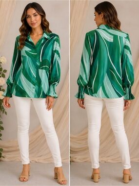 S.DEER Green Abstract Print Button Front Blouse Smocked Cuffs Size L NWT